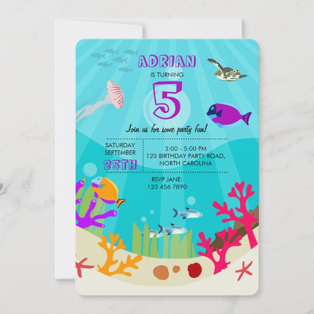 Convites Aniversário de criança de animais marinhos colorid (Frente)