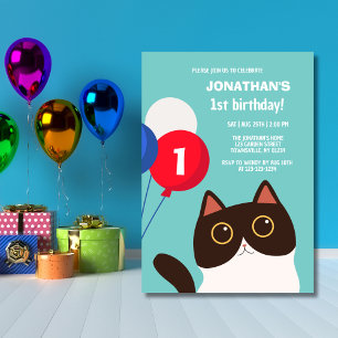 Convites Aniversário de criança de Cartoon Cat Rainbow Ball