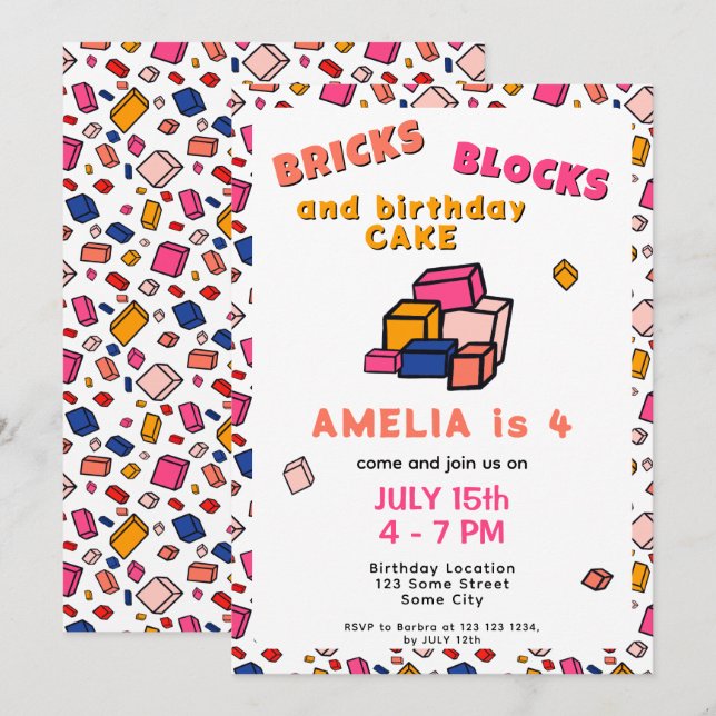 Convites Aniversário de criança de Desenho de Padrão de Blo (Frente/Verso)