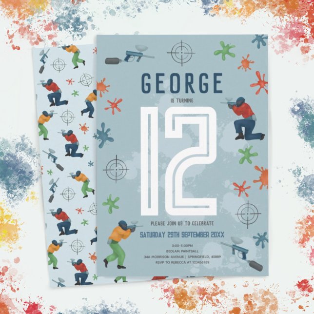 Convites Aniversário de criança de Festa de Paintball Azul  (Criador carregado)
