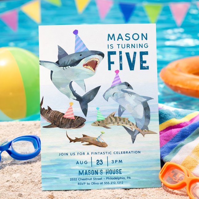Convites Aniversário de criança de Festa de Piscina de Conv (Shark birthday party invitation)