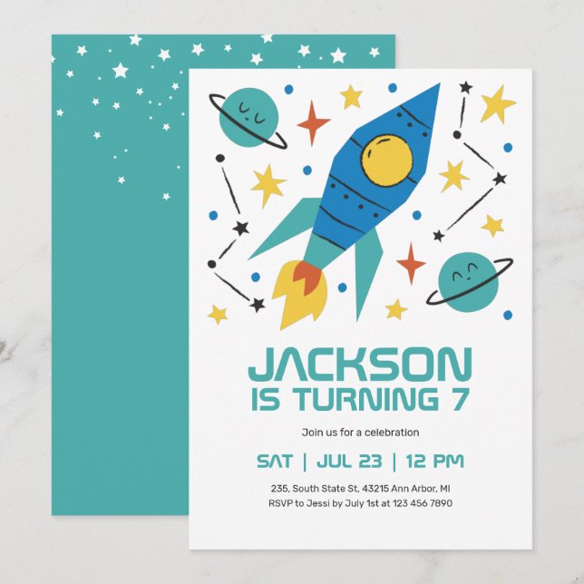 Convites Aniversário de criança de Festa Espacial Exterior  (Frente/Verso)