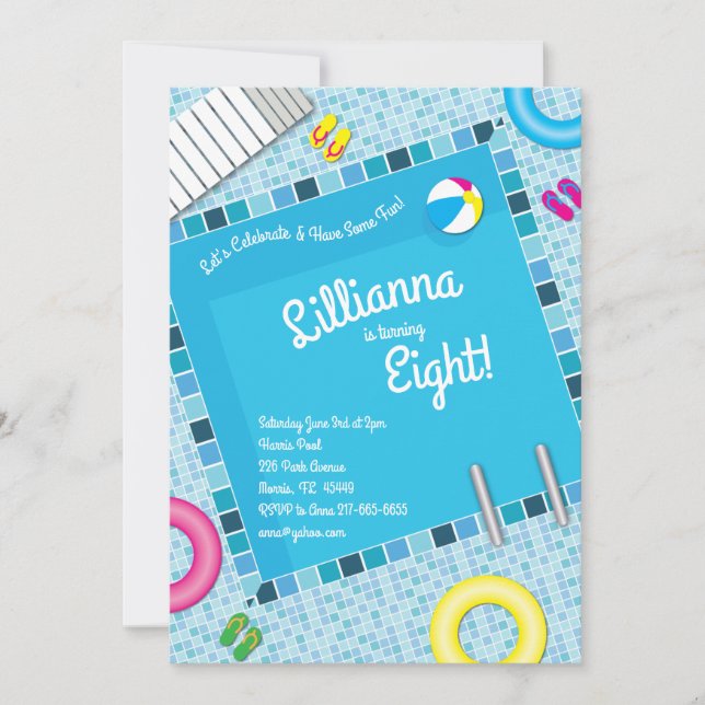 Convites Aniversário de criança de festa Piscina Verão (Frente)