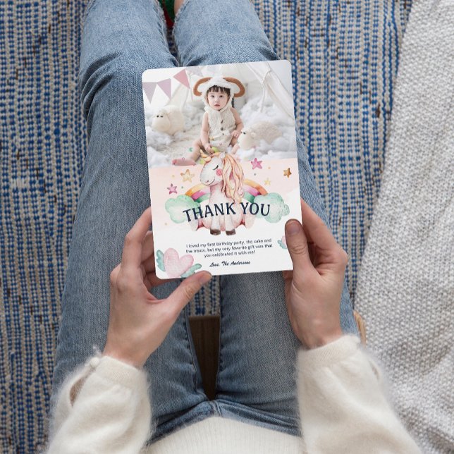 Convites Aniversário de criança de Foto Pastel Unicorn - Ob (Pastel Unicorn Kids Birthday ThankYou Card)