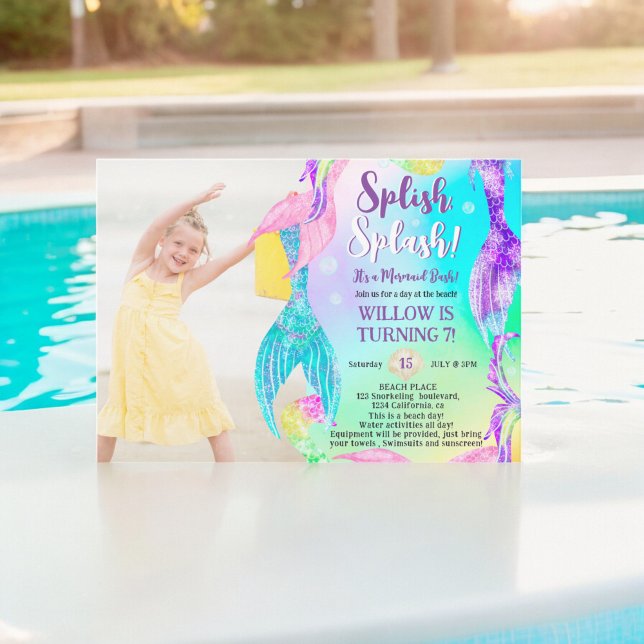 Convites Aniversário de criança de fotos do oceano de cauda (Beach mermaid tails ocean photo Kids birthday Invitation)