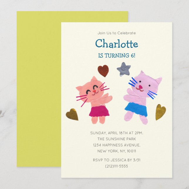 Convites Aniversário de criança de Gatos de Colagem de Pape (Frente/Verso)