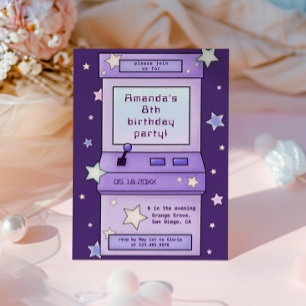 Convites Aniversário de criança de Jogo de Arcade Roxo Retr