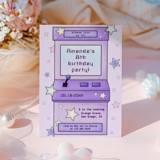 Convites Aniversário de criança de Jogo de Arcade Roxo Retr (Criador carregado)