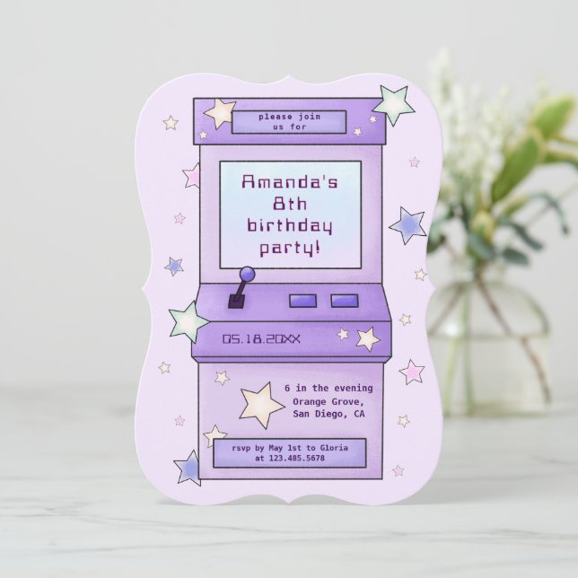 Convites Aniversário de criança de Jogo de Arcade Roxo Retr (Em pé/Frente)