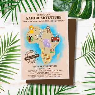 Convites Aniversário de criança de Mapa Safari Selvagem Ani