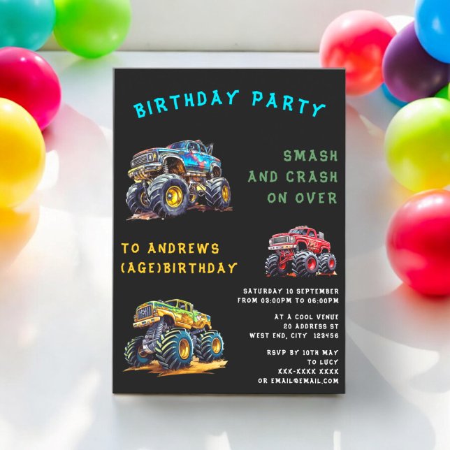 Convites Aniversário de criança de monstro de diversão pers (monster truck birthday theme , fully editable , kids birthday invitation )
