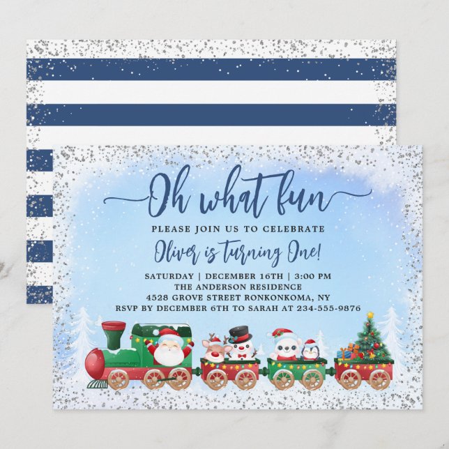 Convites Aniversário de criança de Natal Silver Blue Papai  (Frente/Verso)