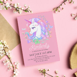 Convites Aniversário de criança de Unicórnio Cor-de-Rosa Bo