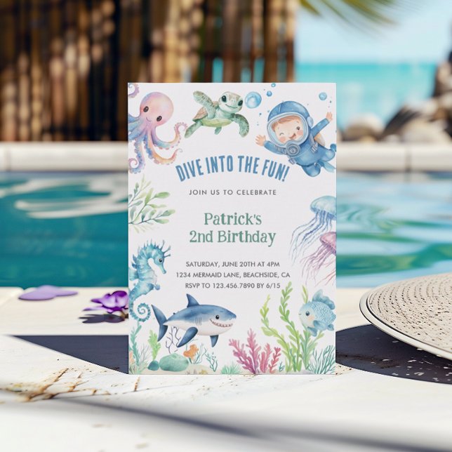 Convites Aniversário de criança de Vida do Mar de Aquarela (Criador carregado)