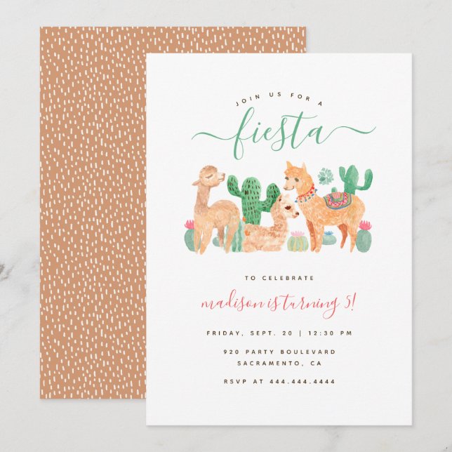 Convites Aniversário de criança de Watercolor Llama Fiesta (Frente/Verso)