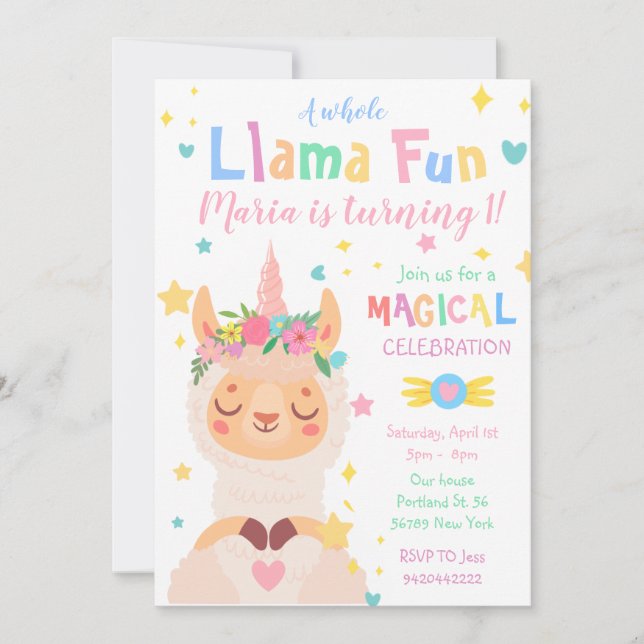 Convites Aniversário de criança do Llama Unicorn Magical Pa (Frente)