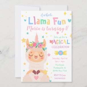 Convites Aniversário de criança do Llama Unicorn Magical Pa