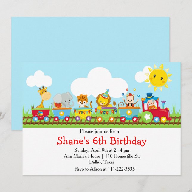 Convites Aniversário de criança do trem Circus Animal em Ve (Frente/Verso)