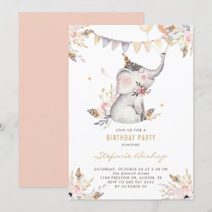 Convites Aniversário de criança Floral de Elefante Boho W