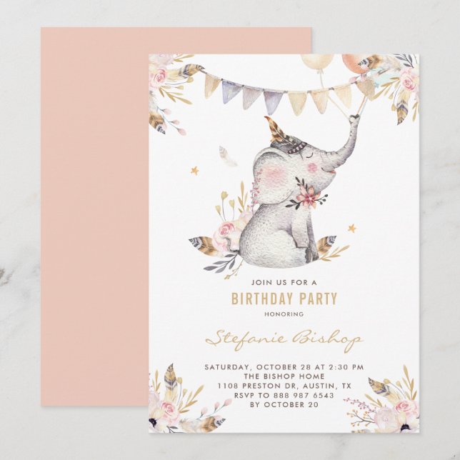Convites Aniversário de criança Floral de Elefante Boho Wat (Frente/Verso)