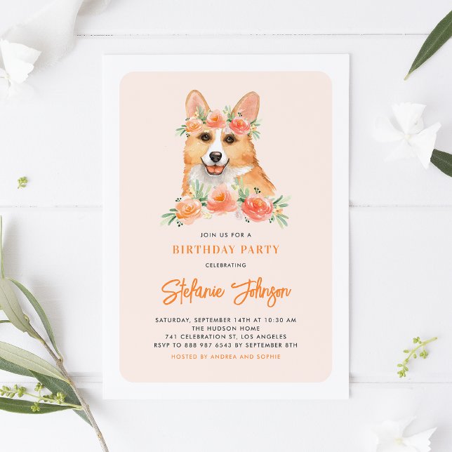 Convites Aniversário de criança Floral de Pêssego de Corgi  (Criador carregado)