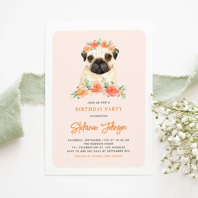 Convites Aniversário de criança Floral de Pêssego de Pug de (Criador carregado)