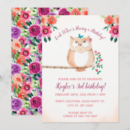 Convites Aniversário de criança Floral Owl
