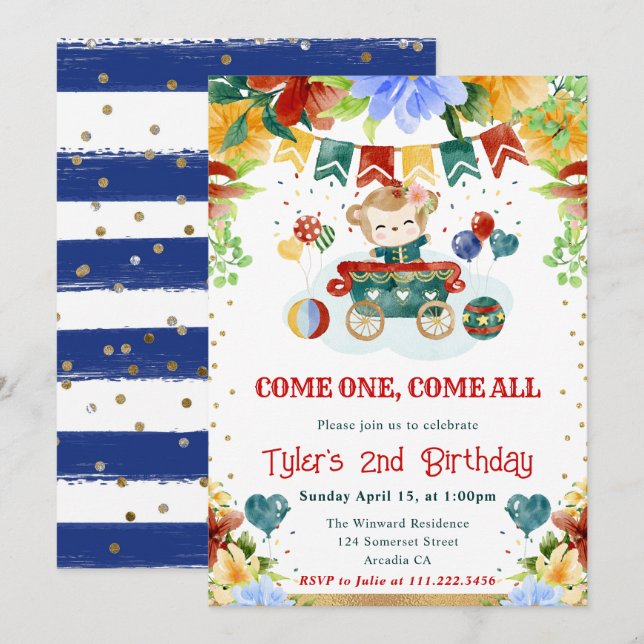 Convites Aniversário de criança Macaco das Flores de Água (Frente/Verso)