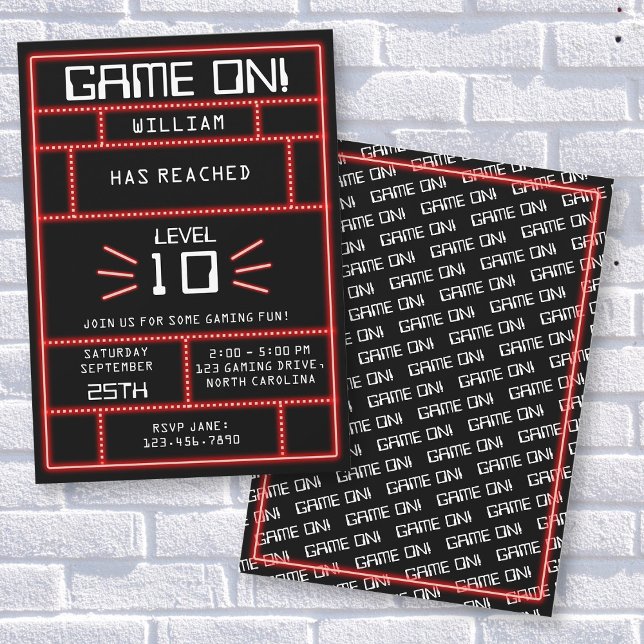 Convites Aniversário de criança Neon do Jogo de Vídeo com A (Retro Arcade Video Game Neon Kids Birthday Invitation)