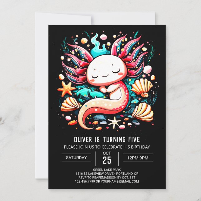 Convites Aniversário de criança Oceano Axolotl (Frente)