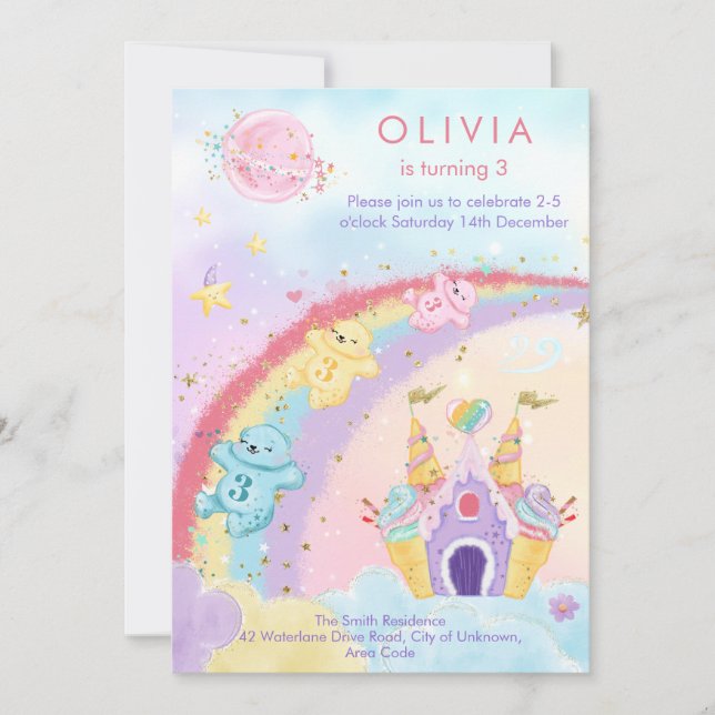 Convites Aniversário de criança Rainbow Bears da Magia Fant (Frente)