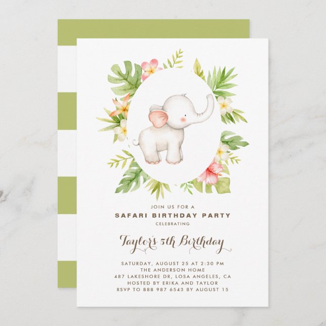 Convites Aniversário de criança Safari De Elefante De Aquar (Frente/Verso)