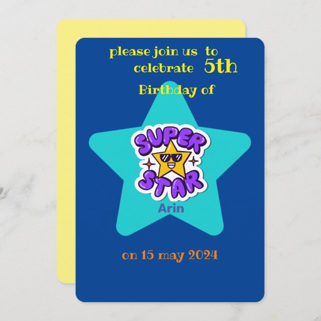 Convites aniversário de criança superstar (Frente/Verso)