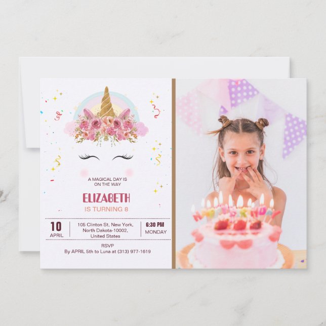 Convites Aniversário de criança Unicorn Tema Personalizado  (Frente)