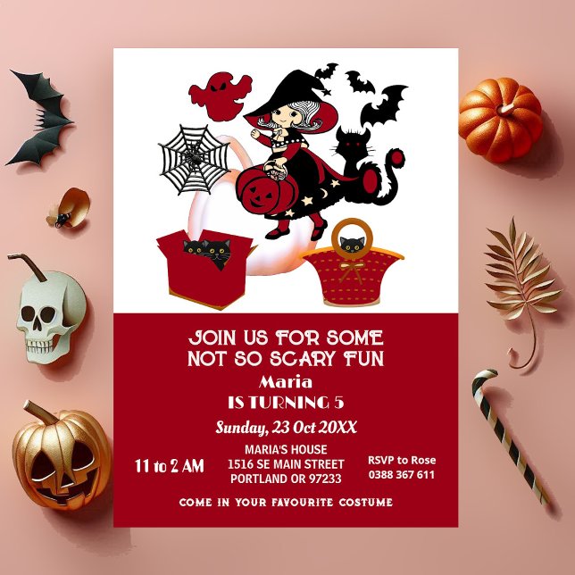 Convites Aniversário de criança Web Wandering Witeen Hallow (Wandering Witch Halloween Spider Web Kids Birthday Invitation)