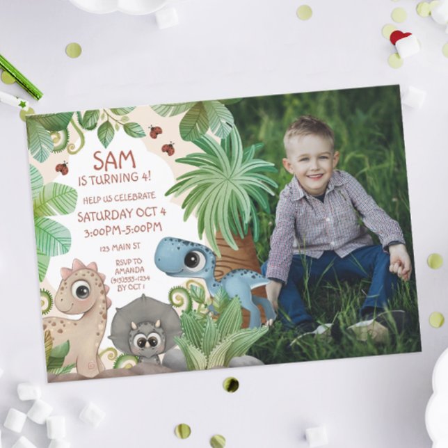 Convites Aniversário de Crianças Dinossauro Foto (Dinosaur Birthday Party Photo Invite)