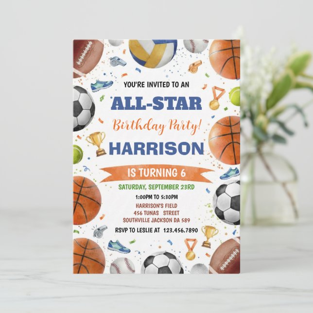 Convites Aniversário de Crianças Estrelas do Esporte Bolas  (Em pé/Frente)