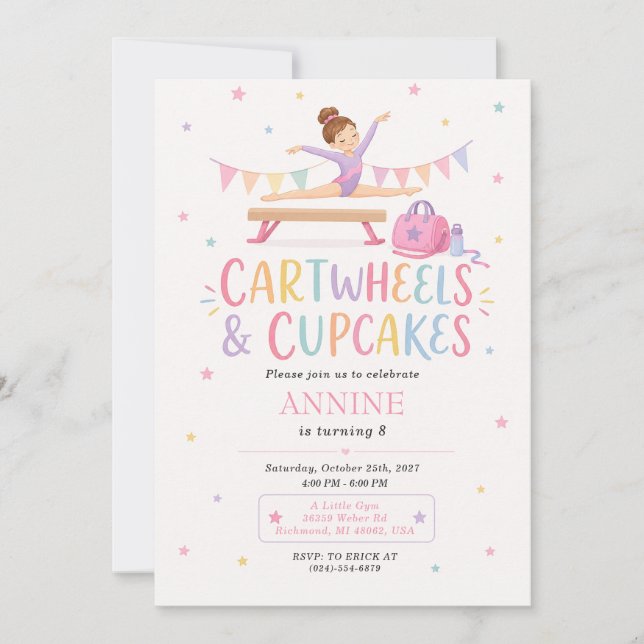 Convites Aniversário de Cupcake de Ginástica Personalizado  (Frente)