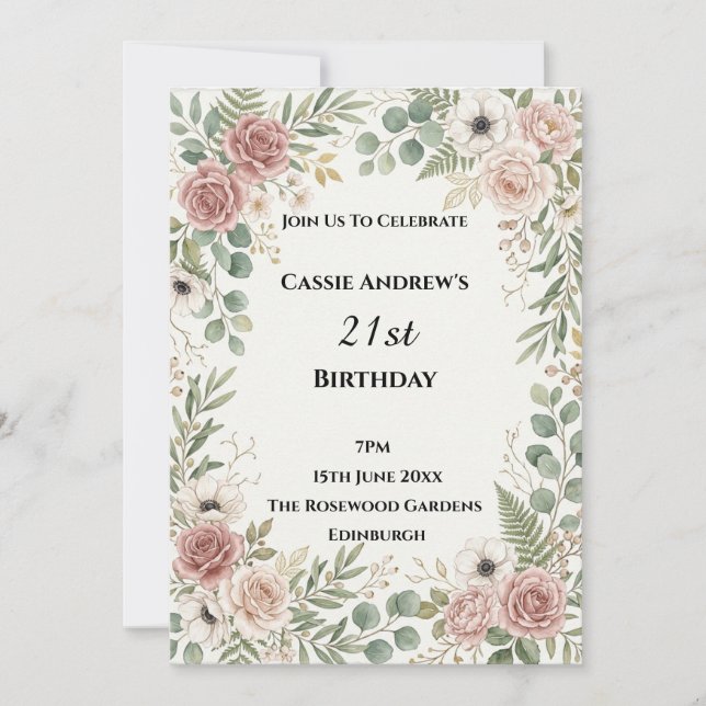 Convites Aniversário de Data Marcante Blush Greenery (Frente)