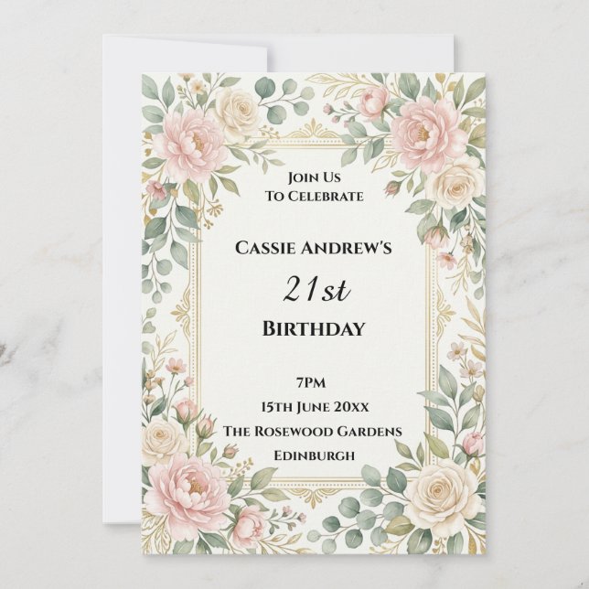 Convites Aniversário de Data Marcante Blush Rose Greenery (Frente)