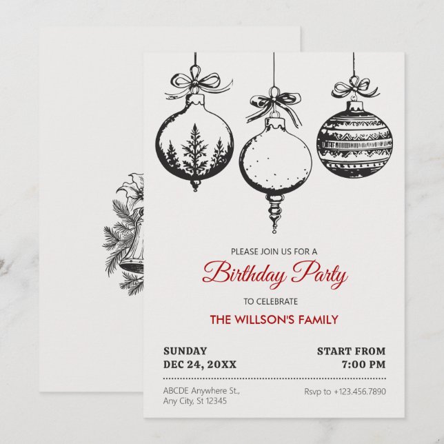 Convites Aniversário de decoração de bola de Natal (Frente/Verso)