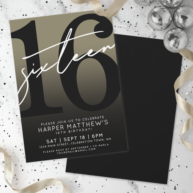 Convites Aniversário de Dezesseis anos Black Gold (Sixteen Black Gold 16th Birthday Invitation)
