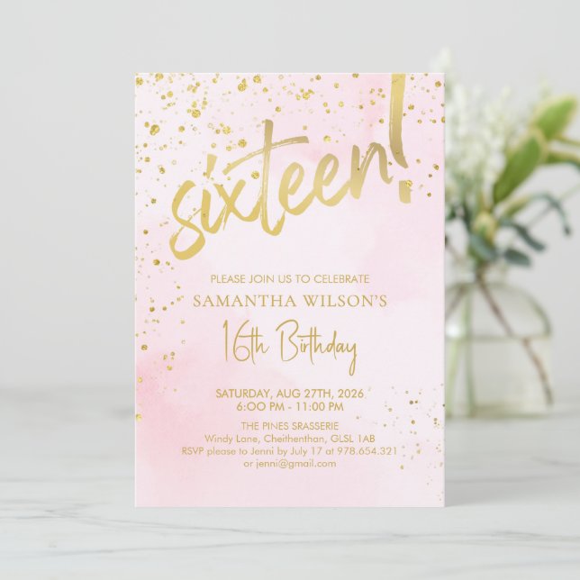 Convites Aniversário de Dezesseis Anos Rosa e Dourado Elega (Em pé/Frente)