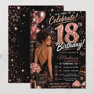 Convites Aniversário de Dezoito anos Rosa e Preto Glam