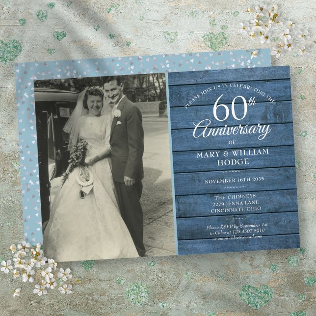 Convites Aniversário de Diamante de 60 anos Foto Azul Rústi (60th Diamond Wedding Anniversary Photo Blue Rustic Invitation)