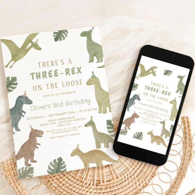 Convites Aniversário de Dinossauro Três Menino Rex (Criador carregado)