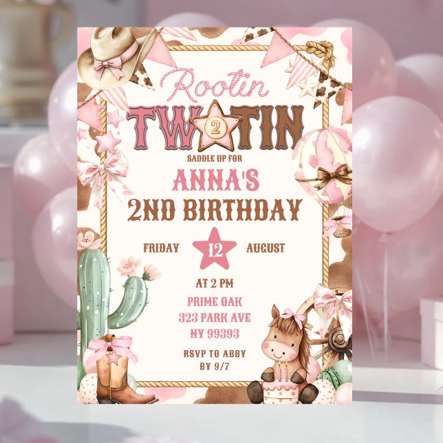 Convites Aniversário de dois anos Pink Rootin Two-Tin (Criador carregado)