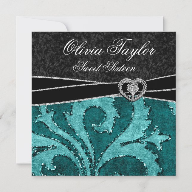 Convites Aniversário de Doze Anos Preto Jade Verde Brilho (Frente)