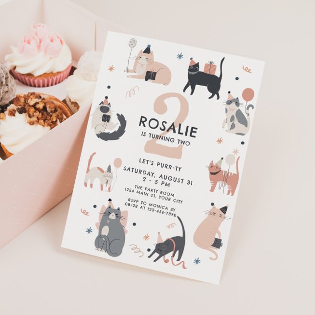 Convites Aniversário de duas meninas - Gata Rosa  (Girls Cat Themed Birthday Invite)