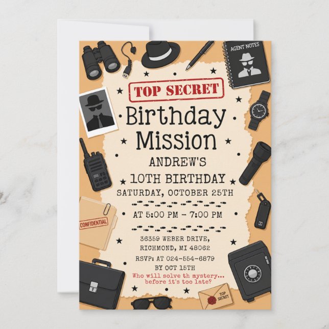 Convites Aniversário de Espião Secreto Personalizado (Frente)